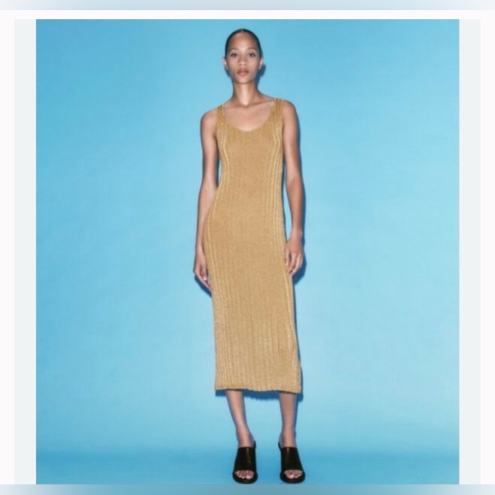 ZARA Gold Ribbed Knit Stretchy Dress Size Small